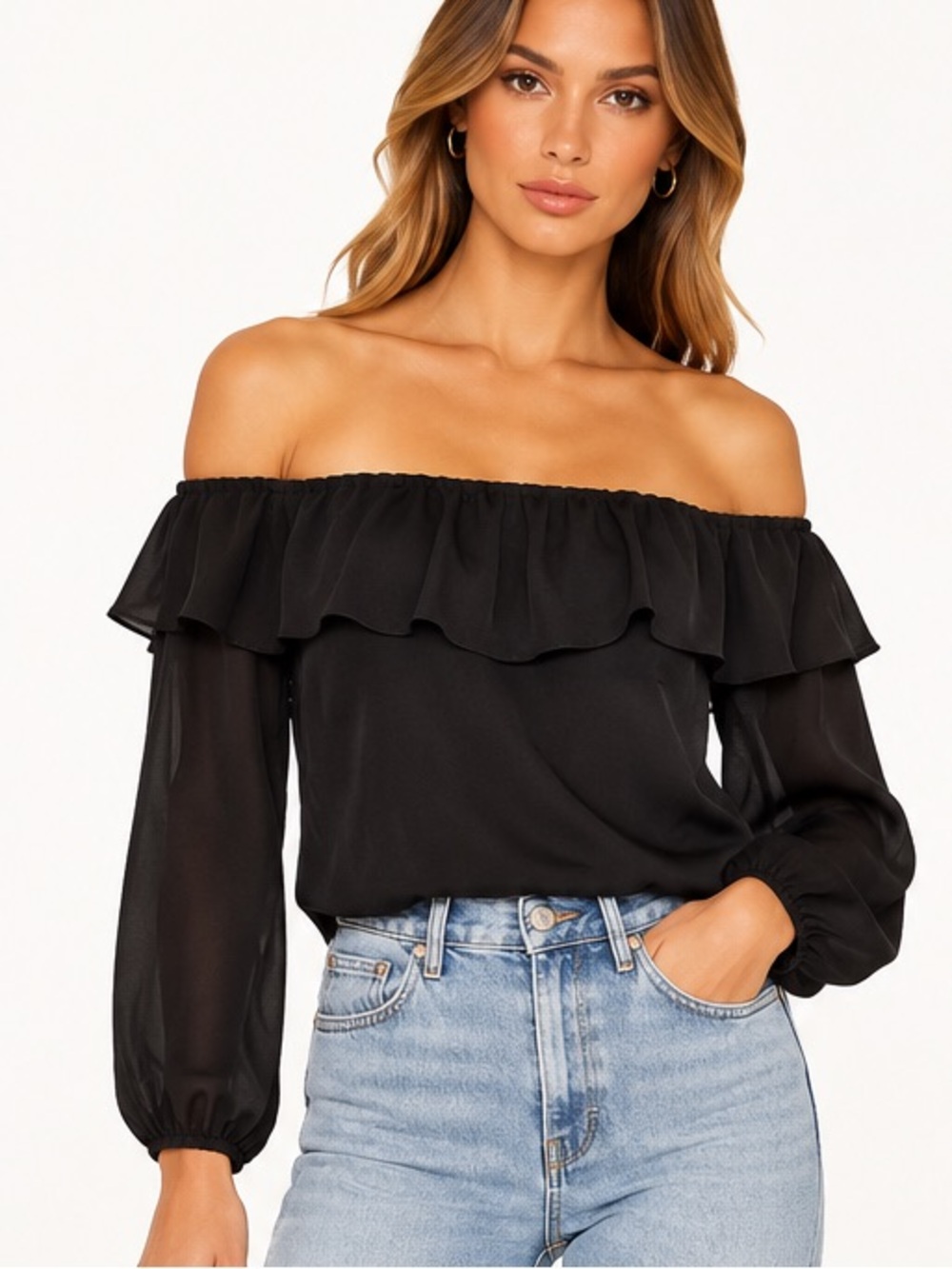 Amanda Uprichard 100% Silk Black Off Shoulder Ruffle Blouse Size S